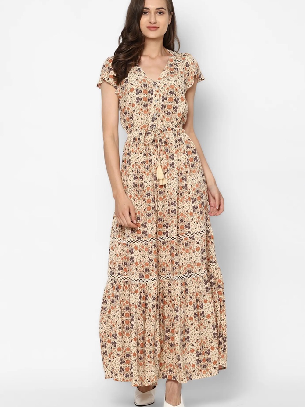 American Eagle Outfitters Cream Maxi Dress with Brown & Orange Floral Print
